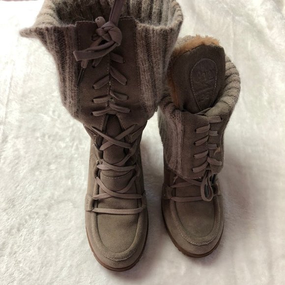 PAJAR Winter Fleece Lined Taupe Block Heel Fold Over Booties Size 8 - Picture 6 of 11